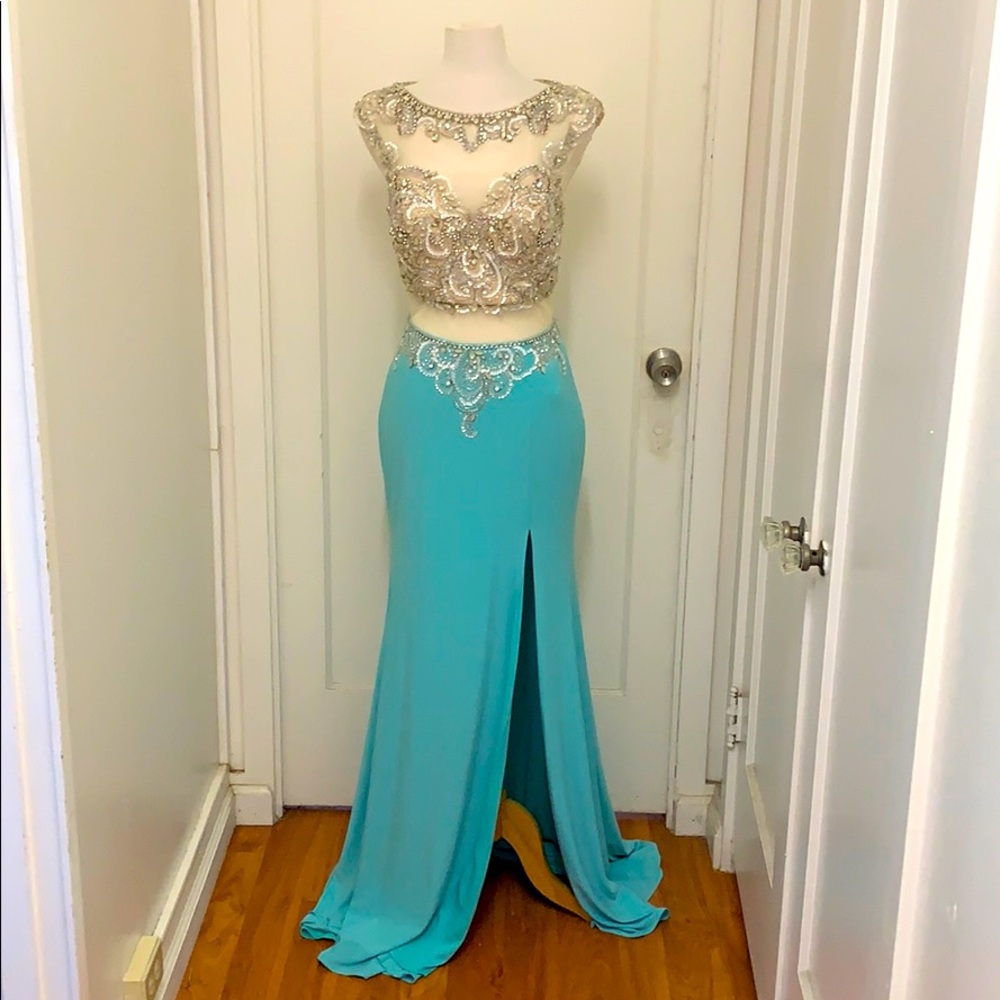 Gorgeous Mori Lee Mint Blue Sheer Gown